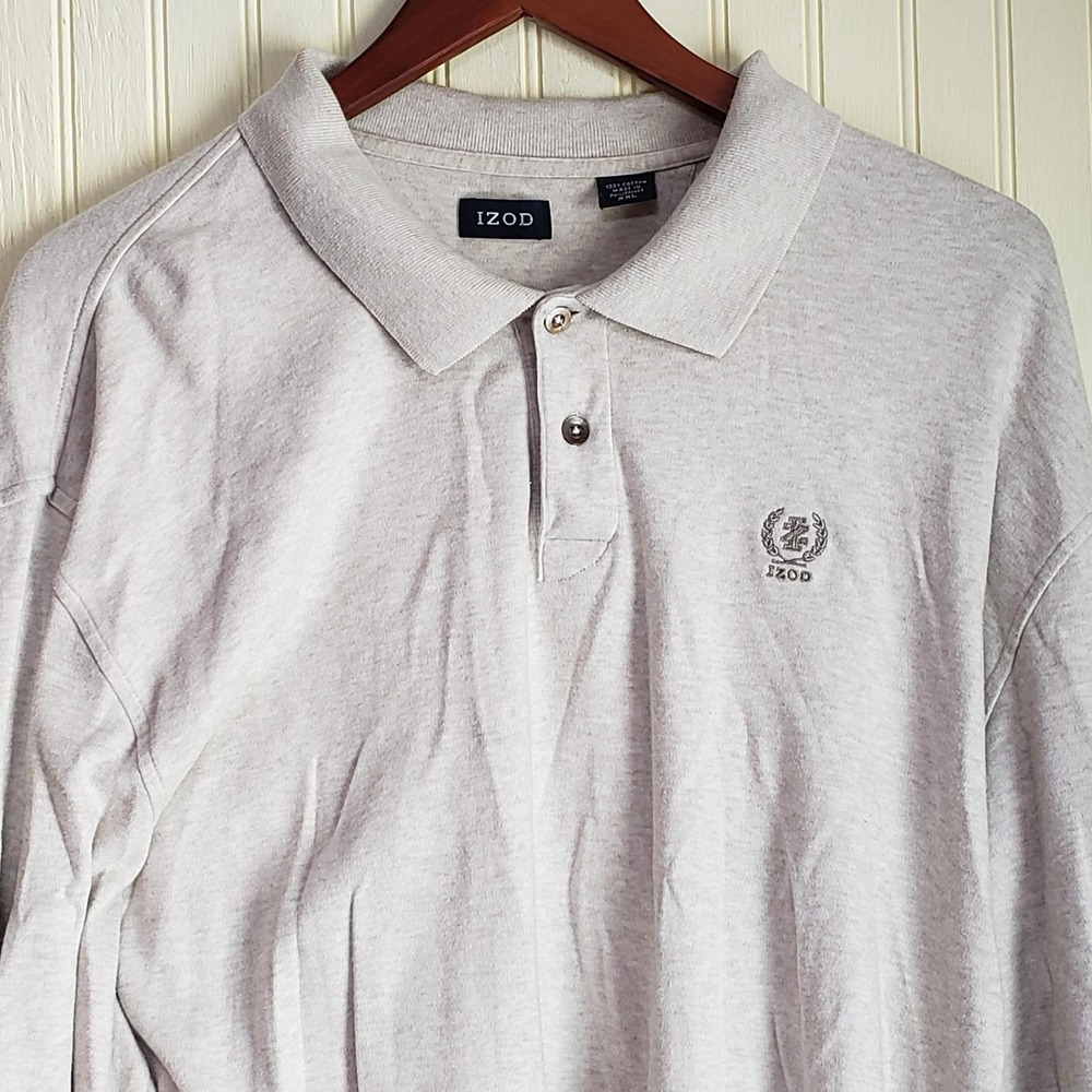 IZOD Polo Shirt Mens 2XL Gray Solid 100% Cotton Long Sleeve Knit Logo Top